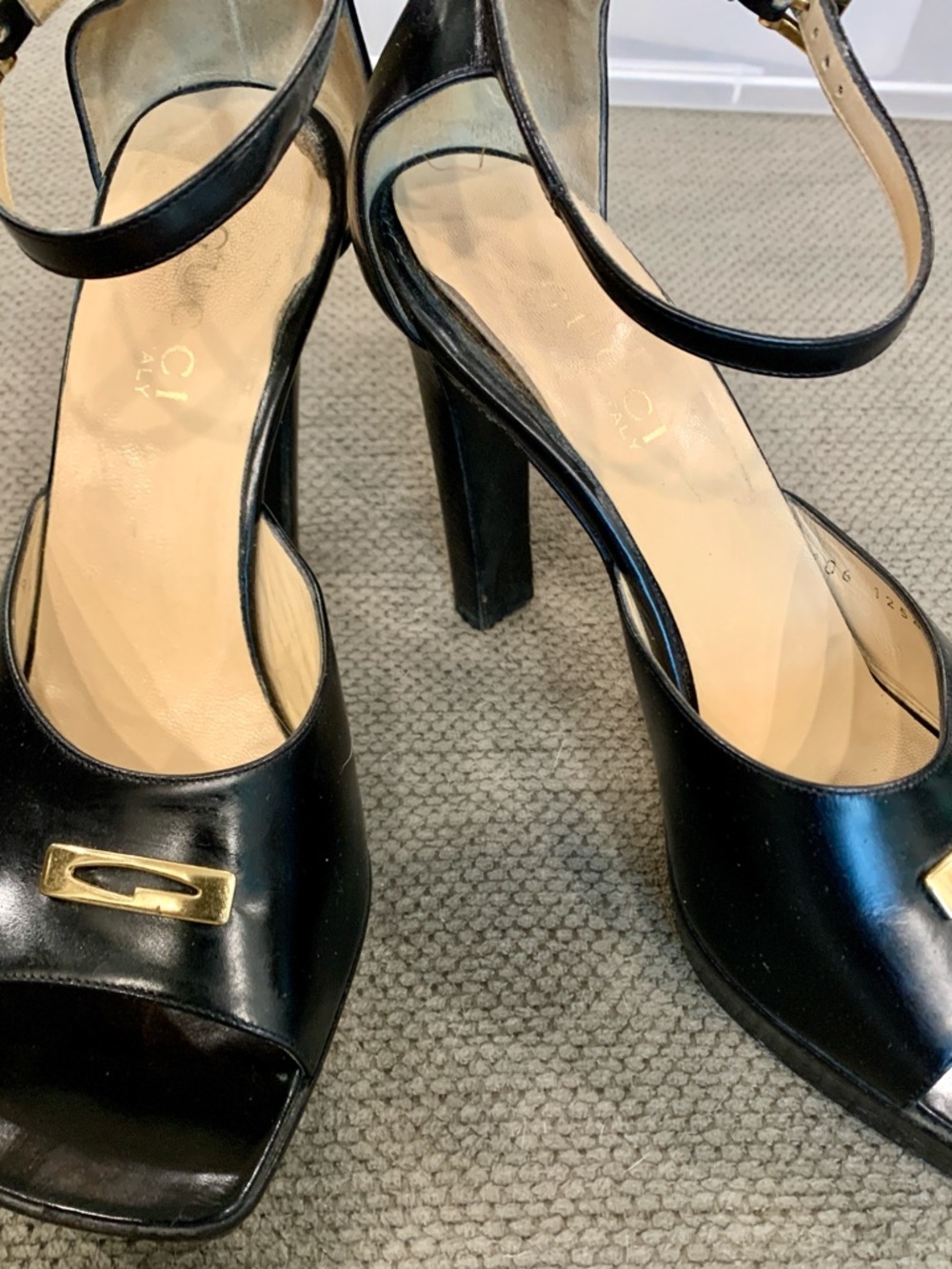 Gucci Black Leather Peep-Toe Ankle-Strap Platform Heels with Gold “G” Accent